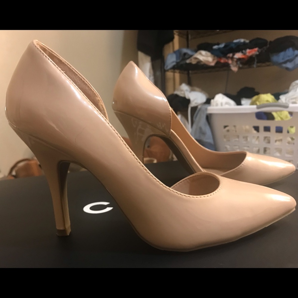 Nude D’Orsay Patent Faux Leather Pumps